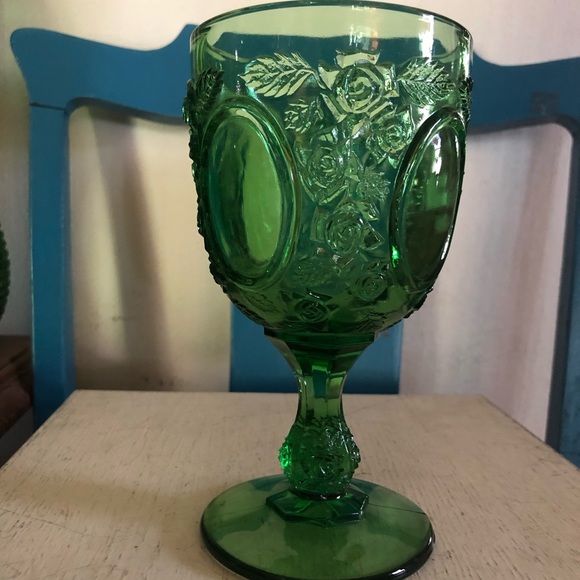 Vintage Green Glass Goblet w Embossed Roses